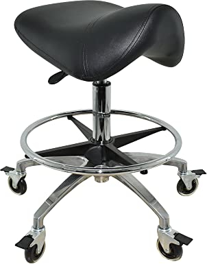 VAKON SALON - Premium Sattelhocker schwarz mit Bremse, Sattelstuhl für Rückenentlastung, Rollhocker höhenverstellbar von 55-75 cm mit Fußring, Praxishocker, Bürohocker, Arbeitshocker