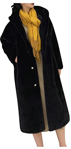L9WEI Long Women's Oversized Faux Fur Coat With Hood - Elegant, Plain, Warm Plush Jacket - Loose Winter Style, X01-Black, S
