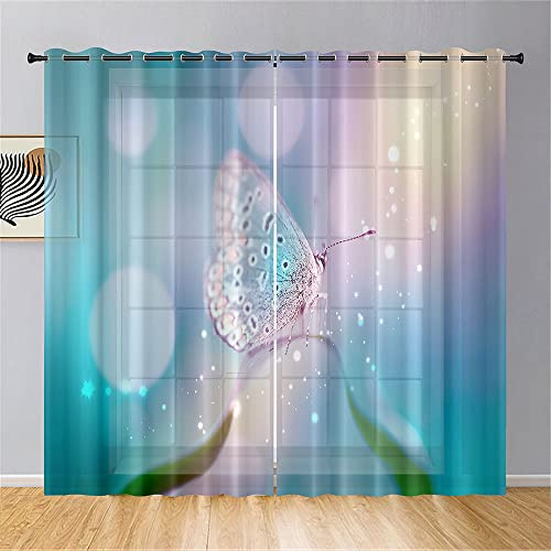 Hiseng Voile Vorhänge mit Ösen Durchsichtig Halbtransparent Ösenvorhang für Fenster Wohnzimmer Schlafzimmer Moderne und Elegante Transparent Gardine 2er Set (107x244cm,schöner Schmetterling)