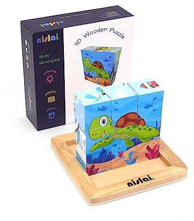 Nislai Holzspielzeug ab 1 2 3 Jahren 6 in 1 Holzpuzzle Bilderwürfel | Geschenk Würfelpuzzle Kinderspielzeug | Puzzlespiele mit Meer Tier-Motive | Vorschule Lernspielzeug | 17 x 17cm (6.7x6.7)