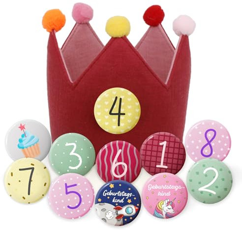 Sugeru Geburtstagskrone Musselin mit Zahlen, krone geburtstag Jungen Mädchen | Kindergeburtstag deko | Partyhüte,Party Deko | für den Kindergeburtstag | Krone aus Button Zahlen (Rot)