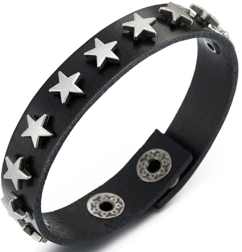 COOLSTEELANDBEYOND Konvex Stern Nieten Schwarz Leder Armband, Punk-Rock-Biker, Herren Damen Schweißband, Schließe