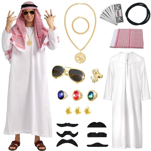 Ulikey Disfraz Jeque Arabe Hombre, Sheikh Traje Árabe, Arabian Costume Hombre, Conjunto de Disfraz jeque, Con Anillo de Dedo, Collar, Gafas de Sol, Adecuado para El Carnaval, Fiesta, Cosplay (3XL)