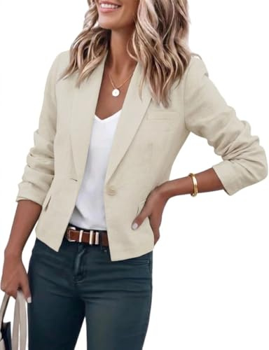 Cropped Linen Blazer Women 2025 Casual Lightweight Spring Jackets Summer Blazer Crop Cardigan Tops, Beige, XL