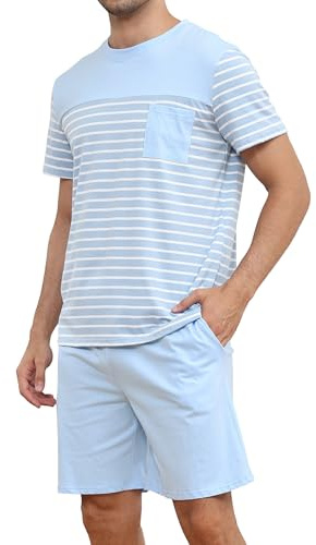 Reliwel Pijama Hombre Verano Pijama Algodón Camisetas de Pijama a Rayas de Manga Corta y Pantalones Cortos para Dormir Ropa de Dormir 2 Piezas con Bolsillos Light Blue, M
