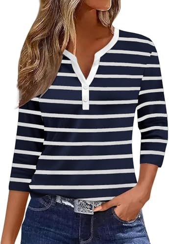 YUTILA Maglietta da donna a righe maniche a 3/4, scollo a V, in cotone, a maniche lunghe, basic casual, Streetwear Henley, blu scuro e bianco., M