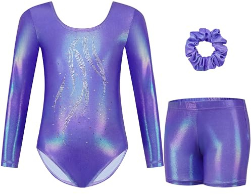 Gogokids Girls Three-Piece Gymnastics Leotards, Long Sleeve Gymnastics Set with Shorts and Hairband, Sparkling Ballet Dancing Unitards - Gymnastics Outfit with Gradient Color Design for 5-6 Years