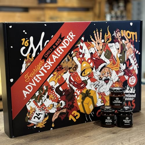 Chili- und BBQ-Adventskalender mit 24 Produkten | von mild bis höllisch | Geschenk für Advent und Weihnachten | Geschenk für Männer | Version mit Türchen | 1170g Füllgewicht