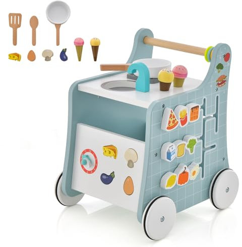 FANTASK 6 in 1 Lauflernwagen aus Holz mit Spielküche, Lauflernhilfe mit Formverstellung & beweglichem Schieber in blau, Kinderküche Lauflernwagen mit Rädern für Kinder ab 1 Jahr