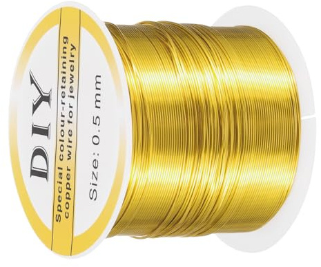 QUARKZMAN 0,5 mm / 24 Gauge koppartråd för smyckestillverkning DIY Guld 52m | 1 rulle, hantverk kamouflagebeständig pärltråd, för smyckestillverkning
