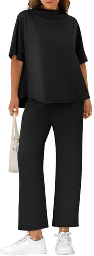 Cicy Bell Completo da salotto da donna con maniche a pipistrello a 3/4, mantella, maglione girocollo, top largo, pantaloni a gamba larga, completi in due pezzi, Nero , L