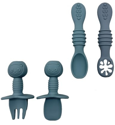 Silicone Self Feeding Baby Utensils 6-12 Months, Babies First Spoons, 3 Baby Spoon, 1 Baby Fork, Toddler Cutlery Set Bojiwavawd (Blue)