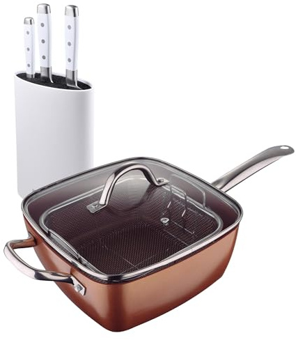 Juego de Sartén Cuadrada 24x24cm en aluminio prensado + Juego de 3 Cuchillos de acero inoxidable con tacoma Optimum Copper Bergner