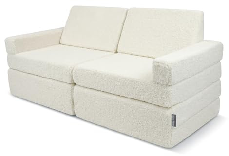 KiddyMoon Divano Per Bambini Con Copertura In Teddy Fatto Di Schiuma Pieghevole Divanetto Trasformabile In Materasso, Cremoso,Divano