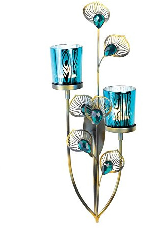 Peacock Plume Wall Sconce Blue Tealight Candle Holder