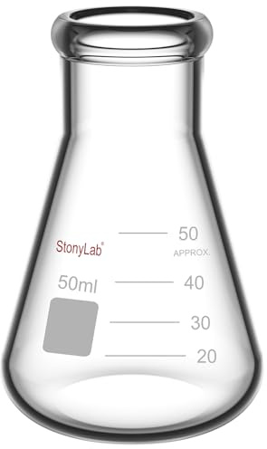 stonylab 1-Pack Glass 50ml Heavy Wall Narrow Mouth Erlenmeyer Flasks with Heavy Duty Rim (50ml Fits with StonyLab 4# Rubber Stopper)