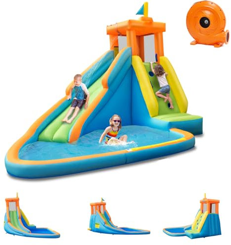 GOPLUS Château Gonflable,Aire de Jeux Aquatique Gonflable avec Zone de Saut et Toboggan pour 3 Enfants de 3 à 10 Ans Jusuq’à 90KG,Toboggan Double pour Fête d’Eau/Été(Souffleur Inclus)