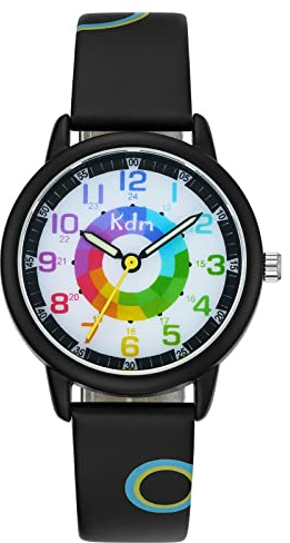 KDM Orologio Bambina 8 Anni Orologio da Polso Ragazze Orologio Bambino Analogico Educativo Quarzo Impermeabile Sportivo Tempo Luminoso Insegnante Elegante Pelle Orologi Bambina Ragazzi Nero