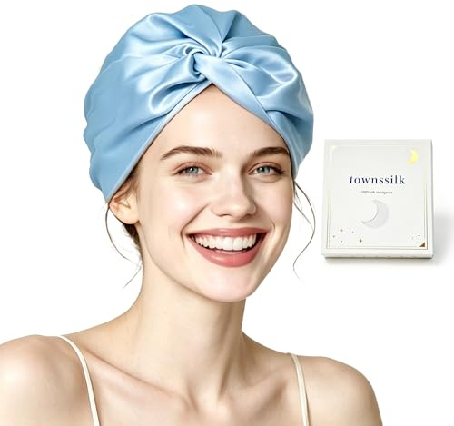 Townssilk Bonnet de nuit 100 % soie de mûrier pour femme, bonnet de sommeil 16 mommes, double couche, bon pour la protection des cheveux, utilisation sous la douche, bleu glacier