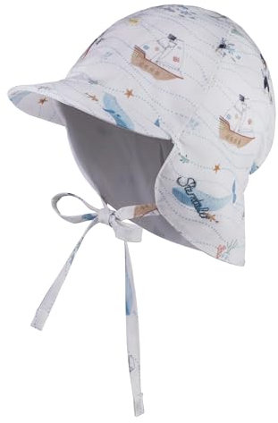 Sterntaler Schirmmütze mit Nackenschutz Piraten mit Bindeband - Baby Mütze für Jungen mit Ohrenklappen - Schirmmütze Baby mit Druckmuster - Sonnenkappe aus Baumwolle - weiß, 47