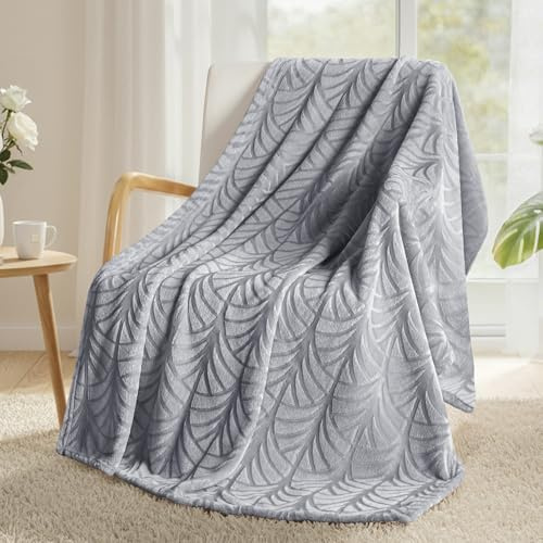 Whale Flotilla Manta de Forro Polar para Sofá con diseño de Hojas, Manta para Cama de Franela Muy Suave y Acogedora, 130 x 150 cm, Gris Plateado