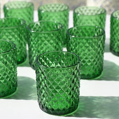Vohocandle 12pcs Green Tea Light Holders Glass for Wedding Table | Glass Tea Light Candle Holders for Baby Shower, Green Tealight Holders for Party & Holiday Table Decor(5.5 W × 6.5 H cm)