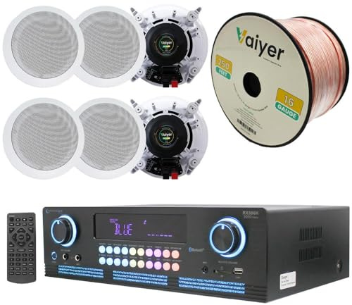 Kit sistema Home Theater 2000 Watt amplificatore Bluetooth con 6 Qty 5.25 175 Watt in-Wall In-Ceiling Speaker Speaker Wire by 16 Gauge Technical Pro
