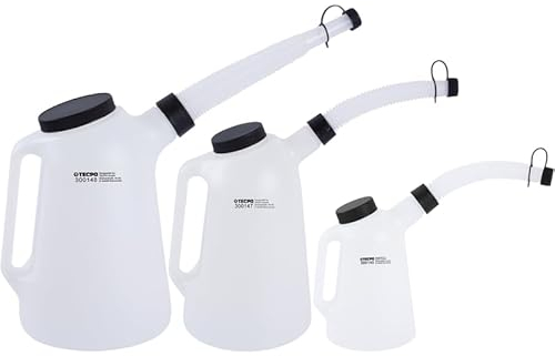 TECPO Ölkanne 1, 3, 5 Liter Messbecher mit Ausgussrohr, Ölmessbecher mit Schraubdeckel & Messskala Messkanne in 0,5 Liter-Schritten Füllkanne, ideal für Motoröl & Bremsflüssigkeit
