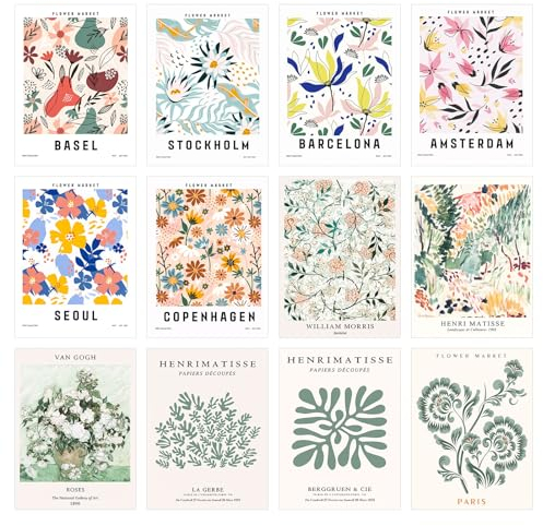 Sxutop 12 Stück Poster Blumen Bunt Kunstdrucke Set Poster Grüne Pflanzen Wandposter Aesthetic Vintage Wandbilder Poster Wanddeko auf Leinwand für Wohnzimmer,Schlafzimmer,Esszimmer, 15*20cm,Ohne Rahmen