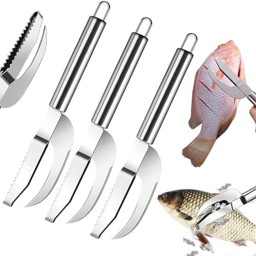 Generic 3-in-1 Fischmesser, Multi-Fischschuppenmesser, Edelstahl, Garnelen-Schnurrhaar, Schäler, multifunktional, Garnelenschnur, Fischmaulmesser, Reinigungswerkzeug, Küchenzubehör, 3 Stück, Silber
