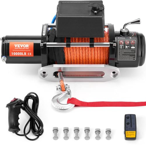 VEVOR 12v Seilwinde, 10000lbs/4536kg, Motorwinde mit Φ0,9x1981,2cm Synthetikseil, Alu-Seilführung, kabellose & kabelgebundene Fernbedienung, IP55, zum Schleppen von Geländewagen, Anhängern & Booten