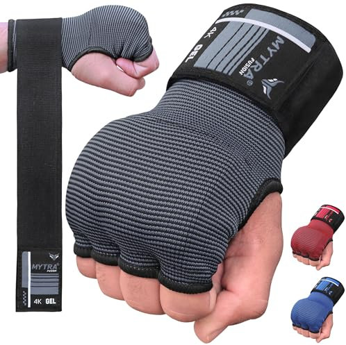 Mytra Fusion innenhandschuhe Boxen Gel gepolstert Bandagen mit 80 cm Langen Handgelenkschlaufen Herren und Damen Elastisch boxbandagen für MMA, Muay Thai, Punching und Kampfsport (Black/Grey, S/M)