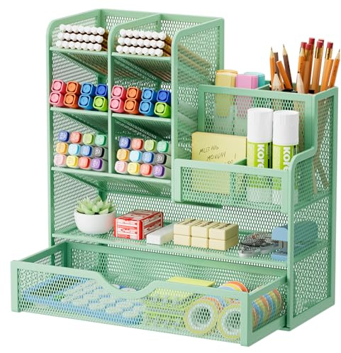 Marbrasse Mesh Desk Organiser,Stationary Organiser,Multifunctional Pen Holder,Desktop Storage and Drawer for Home Office (Green)