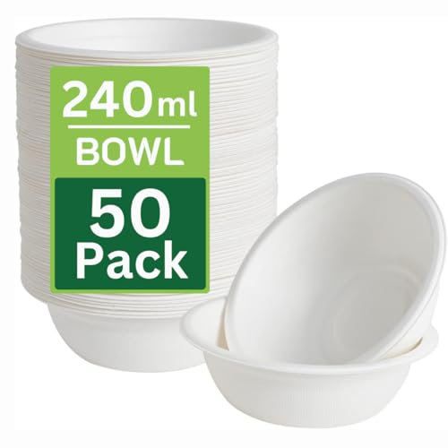 Ask Packaging 50 Pack Strong Paper Bowls – 240ml Small Disposable Compostable Bagasse Bowl for Party – (4.5 x 1.77 inches) Biodegradable Microwavable Soup Bowls - Dessert Milk Salad Cereals Christmas
