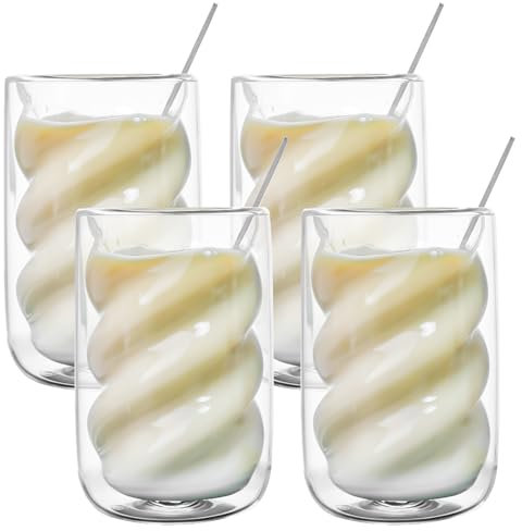 Juego de 4 vasos de doble pared para café latte macchiato, 350 ml, vasos de café con 4 cucharas, juego de tazas de café en espiral de cristal para capuchino, latte, té, té helado, helado americano y