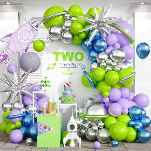117PCS Purple Green Balloon Arch Kit, Space Birthday Decorations Lime Green Purple Metallic Blue Silver Balloons with Star Balloon Garland for Kids Boys Space Monster Toy Theme Baby Showr Party Decor