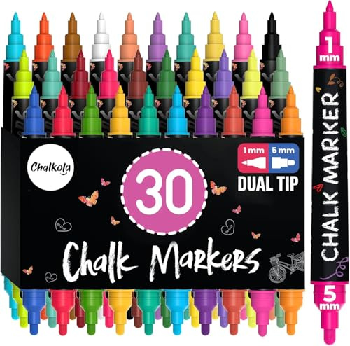 Chalkola Dual Tip Liquid Chalk Pens for Blackboard - (30 Pack, 1mm Fine Tip +5mm Bold) | Wet Erase, Erasable Chalkboard Markers, Chalk Markes for Signs, Car Windows, Wall Calendar, Glass, Board