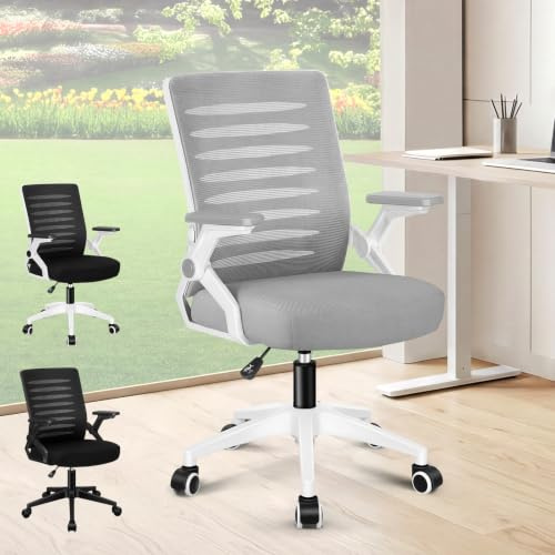 ALFORDSON Sedia Ufficio Ergonomica con Braccioli Pieghevoli Bianca e grigia | Poltrona Scrivania Girevoli in Rete Serie WALE, Funzione di Inclinazione, Altezza regolabile, Portata 150 kg