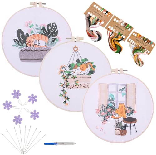 SOFPLATE 3 juego de Kits de Punto de Cruz Kit de Inicio de Bordado de Animales Diseño de Gatito Naranja Festivo con Corte de Gato Ilustraciones de Costura con Aro Hilos de Colores Agujas Instrucciones