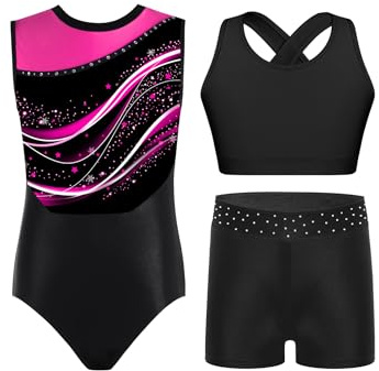 Oyolan Enfant Fille Justaucorps Gymnastique et Short avec Débardeur Tank Top Ensemble 3 Pièces Tenue Patinage Artistique Danse Spectacle G Rose vif 7-8 ans