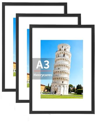 Henrycares Cornice A3 Set da 3 con Passepartout, Cornici Nere 29,7x42 cm da Parete Orizzontale/Verticale, Adatte per Foto, Diploma, Poster e Quadri, portafoto picture photo frames