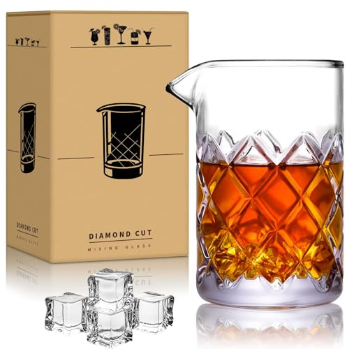 TUOJOYNFON 710ml Cocktail Mixing Glas, Crystal Diamond Cut Stirring Glass, | Cocktailglas mit dickem, beschwertem Boden, bleifrei, für Hausbars, Craft-Bars, Barkeeper, Whiskey, Martini, Manhattan
