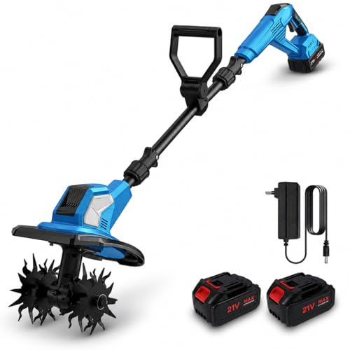 Motoazada Electrica de 600W,Motoazada Bateria Plegable con 2 Baterías, Profundidad de Trabajo 24 cm, Ancho de Trabajo 17 cm, Barra Regulable Desmontable,Hojas de Doble Rodillo