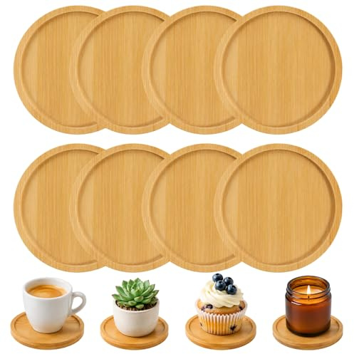 Gyism 8 posavasos de bambú Mni, bandeja pequeña de 9 cm, bandeja de bambú, posavasos de mosaico, para vasos, piedras de mosaico, té, café, pastel de planta (circular)