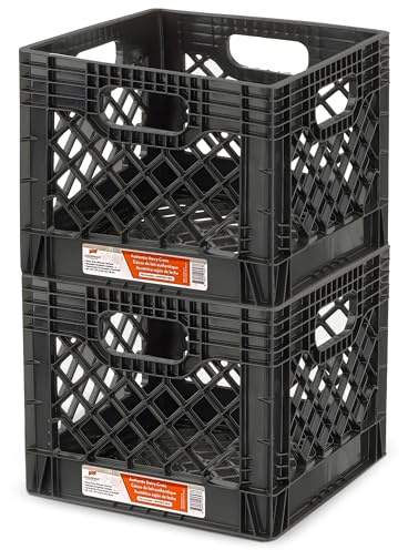 Juggernaut Storage 2-Pack Stackable Heavy Duty Milk Crates with Handles, 16 Qt, Black - Organizing Plastic Crate Basket for Grocery Shopping, Home Supplies, and Bathroom Accessories