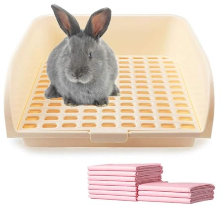 Amakunft 17x13 Extra Large Rabbit Litter Box with 10PCS Pee Pads, High Sided Plastic Bunny Rat Ferret Litter Box with Removable Grid, Indoor Guinea Pig Jumbo Corner Litter Pan for Small Animal Cage