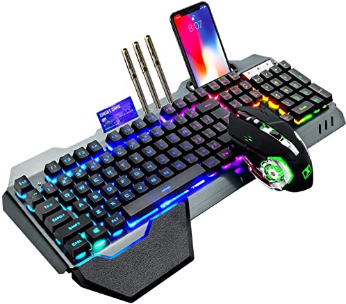 Ensemble clavier de jeu sans fil, souris clavier rétroéclairé RVB rechargeable avec batterie de 5000 mAh, panneau en métal, repose-main amovible, toucher mécanique et souris sourdine de jeu 7 couleurs