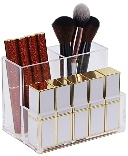 KW Collection Acrylic Makeup Organizer Cosmetic Storage Makeup Display Case Makeup Brush Holder Lipstick Dispenser Canister Bathroom Container (5.1 x 3.5 x 3.9 in, 3 Partitions, Transparent)