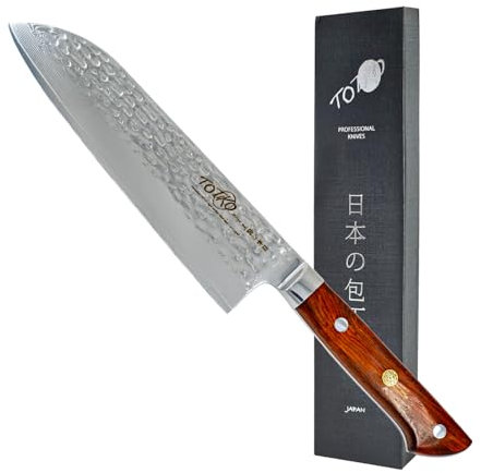 Cuchillo profesional de acero de Damasco, cuchillo de cocina profesional japonés de carne, pescado, verduras, hoja de 19 cm, Santoku martillado, mango de madera de rosa Nobunaga | TOTIKO Japan