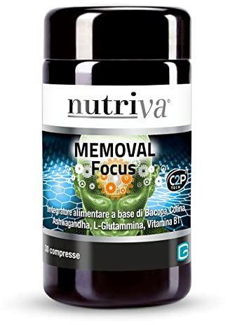 NUTRIVA Memoval Focus, Integratore alimentare a base di Bacopa, Colina, Ashwagandha, L-Glutammina, Vitamina B1. Utili al mantenimento della memoria e al benessere mentale. 30 compresse.